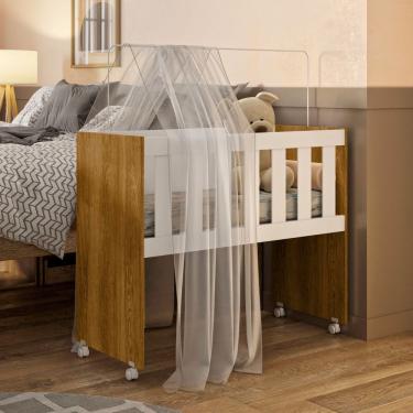 Imagem de Mini Berço Com Colchão E Suporte Mosquiteiro 5 Em 1 Rubi 100% Mdf Branco/madeirado Ypê