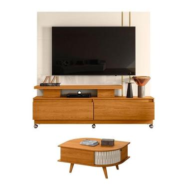 Imagem de Estante Home Theater New Apolo com Rodízios com Mesa de Centro Indianápolis Cinamomo Off White – Madetec