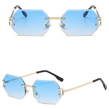 Imagem de Óculos de sol femininos da moda octógono sem aro uv400 óculos retangular de metal dourado sem moldura para homens, ouro com azul, China