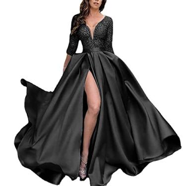 Imagem de Vestido de festa formal longo de renda feminino vestidos de casamento decote em V com fenda swing vestido de festa para mulheres com mangas, preto, 3GG