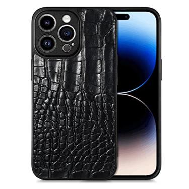 Imagem de YINGDAFENG Capa para iPhone 14/14 Pro/14 Plus/14 Pro Max, capa traseira de couro de crocodilo artificial retrô com proteção de câmera, suporte de carregamento sem fio de capa macia de ajuste fino, preta, 14 pro max 6,7 polegadas