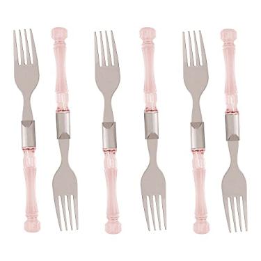 Imagem de CJ 6 GARFOS P/MESA DE AÇO INOX C/CABO DE PLÁSTICO BAMBU ROSA 19,5cm