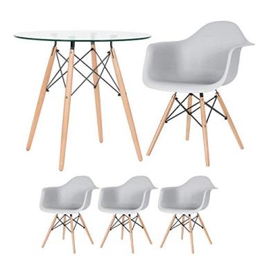 Imagem de Loft7, Kit Mesa redonda de vidro Eames 80 cm + 3 cadeiras Eiffel Daw cinza claro