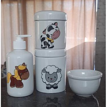 Imagem de Kit higiene bebê Fazendinha 4 peças - potes, porta álcool e molhadeira - Peças Porcelana