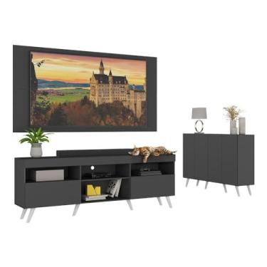 Imagem de Conjunto Sala de Estar Rack + Painel Tv 65" e Aparador Retrô Sofia Multimóveis Preto/branco