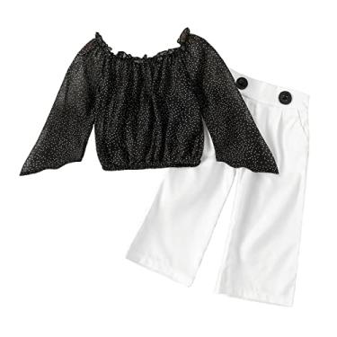 Imagem de Roupas femininas para bebês bebês meninas manga longa chiffon ponto fora do ombro camiseta longa (preto, 3-4 anos)