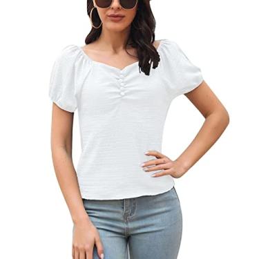 Imagem de Camiseta de verão, blusa feminina de manga bufante, decote em V, estampa lisa doce para casa, Branco, G
