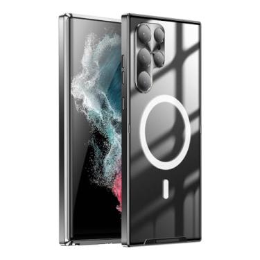 Imagem de HAZARA Capa magnética para Samsung Galaxy S24 Ultra/S24 Plus/S24, capa de armação de metal fina, película de lente 4K ultra transparente e proteção de lente de revestimento, preta, S24 Ultra