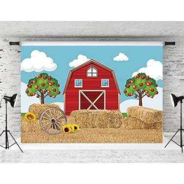 Imagem de 1,5 x 3 pés desenho animado tema fazenda vermelho pano de fundo palheiro girassol macieira pano de fundo celeiro adereços de cabine de fotos para crianças suprimentos de festa de aniversário