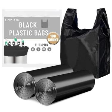 Imagem de LimonLaviu Sacos de plástico pretos (29,2 cm x 16,5 cm x 53,3 cm) (100 unidades) Sacos de plástico com alças Sacos de compras de plástico para pequenas empresas, sacolas de supermercado, camisetas,