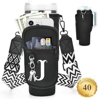 Imagem de LOKASS Suporte de garrafa de água personalizado com alça para acessórios Stanley Cup Tumbler de 1,134 g, bolsa de transporte inicial para garrafa de água com bolso para telefone, para mulheres, ideal