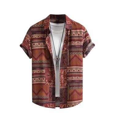 Imagem de ZAUFL Camisa masculina étnica de manga curta com botões estampada lapela verão camisetas casuais, Vermelho étnico, GG