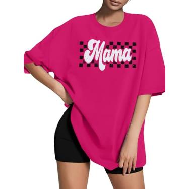 Imagem de KIDDAD Camiseta feminina 2024 moderna mamãe manga curta grande estampa solta camisetas fofas, Rosa choque, XXG