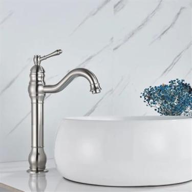 Imagem de Torneira de lavatório Torneira de lavatório de latão antigo, alça única para banheiro bico longo pia de lavatório torneira misturadora quente e fria torneira de pia (cor: altura de níquel)