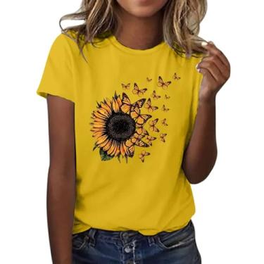 Imagem de Duobla Camiseta feminina com estampa de flores de verão camisetas casuais soltas manga curta gola redonda camisetas fofas 2024 moda, A-1-amarelo, XXG