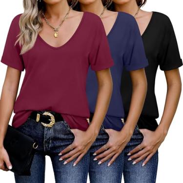 Imagem de Riyiper Pacote com 3 camisetas femininas com gola V, manga enrolada, lisa, casual, folgada, leve, básica, macia, Preto, azul marinho, vinho, M