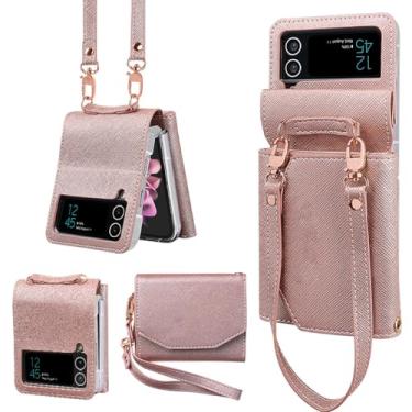 Imagem de Carteira de cordão para cartões de couro, capa solt para Samsung Galaxy Z Flip 5 4 3 Flip5 /4 5G bolsa feminina alça de mão, ouro rosa, para Samsung Z Flip 5