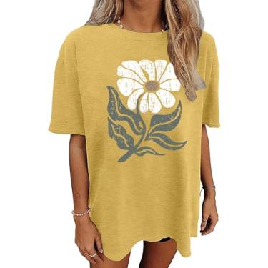 Imagem de CAZYCHILD Camisetas estampadas femininas grandes com estampa de flores, boêmio, flores silvestres, casual, verão, tops, Amarelo, P