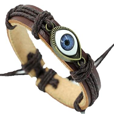 Imagem de Hifunny Pulseira de couro com olhos turcos trançados de olhos azuis para mulheres e homens pulseira de olho de demônio ajustável joia, Metal, Strass