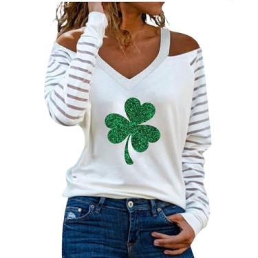 Imagem de Nagub Camiseta feminina St Patricks Day, manga comprida, gola V, trevo irlandês, ombro de fora, algodão, plus size, moda 2024, Trevo irlandês, GG