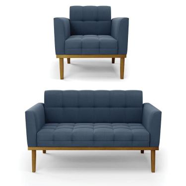 Imagem de Namoradeira E Poltrona Base De Madeira Castanho Elisa Suede Azul Marinho D03 - D`rossi