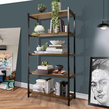 Imagem de Aparador Grande Em Aço 5 Prateleiras 90 Cm Imbuia Preto Garen Steel Mobile