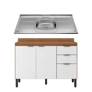 Imagem de Balcão Demóbile Firenze com 3 Portas, 2 Gavetas e 1 Prateleira + Pia para Cozinha Ghelplus King com Válvula - 120x53cm