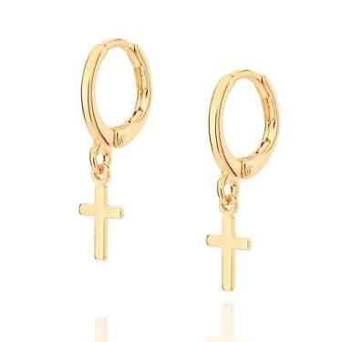 Imagem de Brincos masculino argola cruz pendurada banhado ouro 3x 24k 18k e 22k 