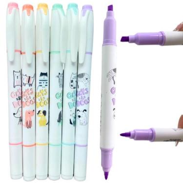 Imagem de Kit 6 Canetinhas Marca-texto 2 Pontas Marcador Gatos Escolar - Cats&Do
