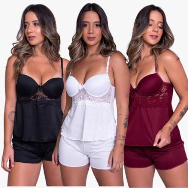 Imagem de Kit 5 Baby Doll Canelado Com Bojo em Renda e Alças Finas - Bella Fiore