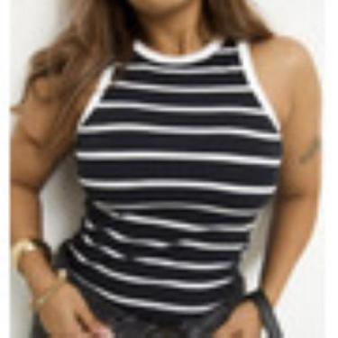 Imagem de Regata Plus Size Canelada Ribana Listra Fundo Preto G1 G2 G3 Extra Gra