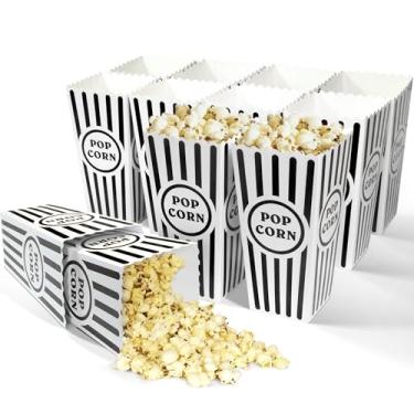 Imagem de Novelty Place 12 caixas de pipoca clássicas, recipiente de pipoca de papelão listrado preto e branco de 46 oz para festa de noite de cinema - 7,8" de altura x 3,9" quadrado