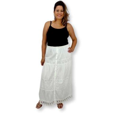 Imagem de Saia Branca Longa 100% Algodão Com Renda e Lesi de Botão - Sarat Moda 