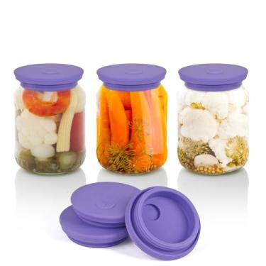 Imagem de Kinggrand Kitchen Tampas de fermentação Waterless Airlock frascos de vidro de boca larga pacote com 3 tampas de fermentação de silicone para picles, quimchi e alimentos probióticos fermentados roxos