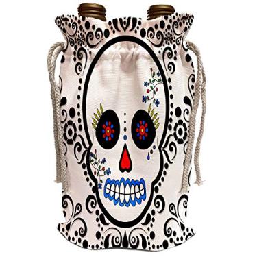 Imagem de 3dRose Day of the Dead Día de los Muertos Sugar Skull Red Black Scroll Design Wine Bag 34,3 x 21,5 cm, Bege