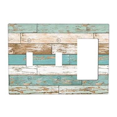Imagem de Combinação de casa de fazenda rústica 2 interruptores 1 placa de interruptor basculante capa de tomada placa de parede 3 gangues, capa de interruptor de luz decorativa com tema de madeira de casa de
