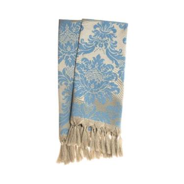 Imagem de Manta para sofá em Tecido Jacquard Azul e Dourado Medalhão Tradicional