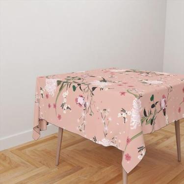 Imagem de Toalha De Mesa Quadrada 4 Lugares Tecido Oxford Rosa Flores e Pássaros