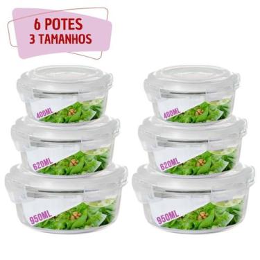 Imagem de Jogo 6 Pote Vidro Hermético Marmita Kit Redondo 3 Tamanhos - QUALITY H