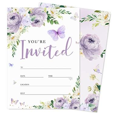 Imagem de AnyDesign Conjunto de 20 convites florais roxos com envelopes adesivos 12,7 x 18,8 cm para convites em aquarela para meninas, chá de bebê, casamento, aniversário, jantar