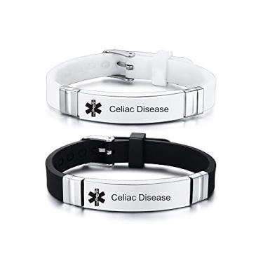Imagem de LiFashion Pulseira médica personalizada para crianças, adolescentes e adultos, 2 peças de aço inoxidável com gravação personalizada de silicone ajustável, identificação esportiva, alerta de saúde,