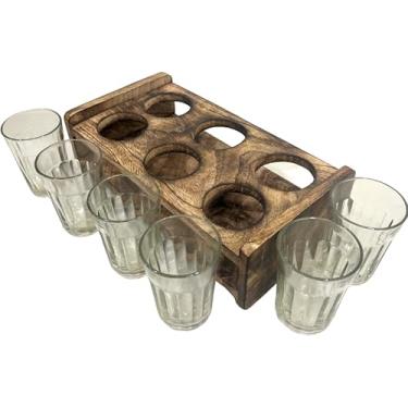 Imagem de Copos de chá indianos modernos com corte de diamante - Conjunto de 6 xícaras de chá de vidro de parede dupla com suporte de madeira copo de chá de chuva para festa de reunião universitária