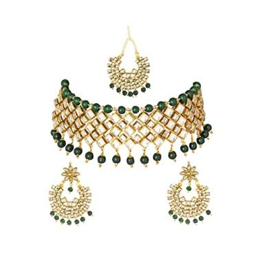 Imagem de Bodha Conjunto de joias tradicionais de colar de noiva com gargantilha de pérola Kundan banhado a ouro indiano com tikka e brincos para mulheres, Latão, Sem pedras preciosas
