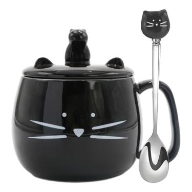 Imagem de Koolkatkoo Canecas de cerâmica para gatos – xícara de café de gato preto, caneca de café com tampa, colher, suporte de telefone de gatinho, presentes de gato para mulheres, presentes de Dia das Mães