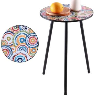 Imagem de 1 conjunto de mesa lateral redonda de mosaico de metal pequena de 34 cm para pátio, mesa de canto de jardim com detalhes redondos para pequenos espaços, mesa de centro resistente ao clima para