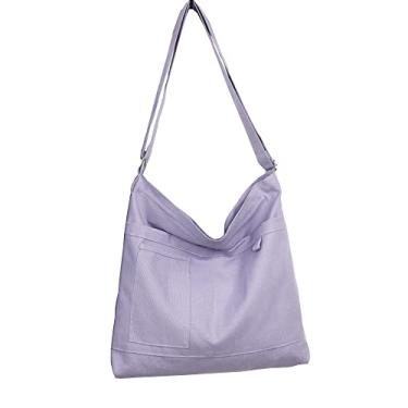 Imagem de Bolsa econômica de lona de algodão, bolsa de ombro feminina Hobo, bolsa transversal com 3 bolsos externos, fecho de zíper, Uma sacola roxa, A Tote Bag-Purple, Casual