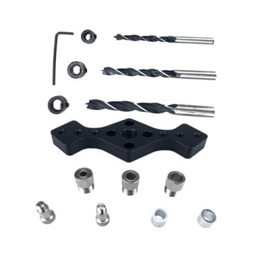 Imagem de Ioensy Kit de gabarito de cavilha para carpintaria Localizador de carpintaria Liga de aço portátil autocentrante com guia de broca de 6 8 10 mm Gabarito de, Preto
