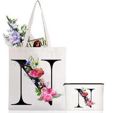 Imagem de Andeiltech Sacola de lona com inicial, estampa floral, bolsa de maquiagem personalizada com monograma, presente para damas de honra, aniversário e casamento, Letra Floral_n, Large