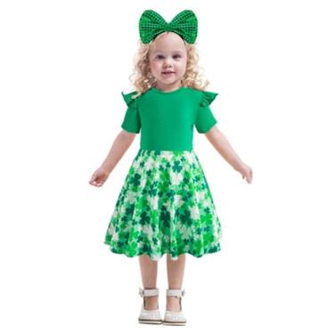 Imagem de bakjuno Vestido infantil de Dia de São Patrício, manga curta, com babados, vestido de festa com laço para meninas de 3 a 8 anos, Verde, 3-4 Years