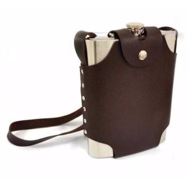 Imagem de Cantil Porta Bebida Bolsa Couro E Alça 500 Ml Inox Whiskeira aço inox 